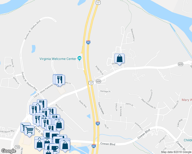 map of restaurants, bars, coffee shops, grocery stores, and more near 143 Hughey Court in Fredericksburg
