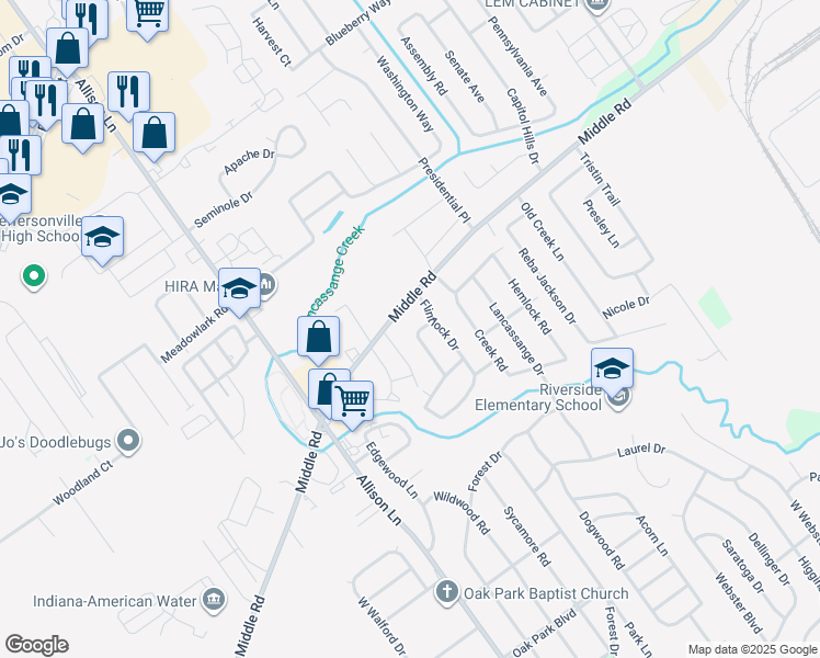 map of restaurants, bars, coffee shops, grocery stores, and more near 1707 Birchbark Lane in Jeffersonville