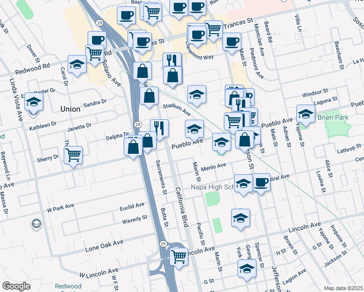 map of restaurants, bars, coffee shops, grocery stores, and more near 1680 Pueblo Avenue in Napa