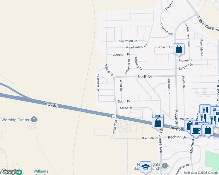 map of restaurants, bars, coffee shops, grocery stores, and more near 2305 Newcastle Drive in Pueblo
