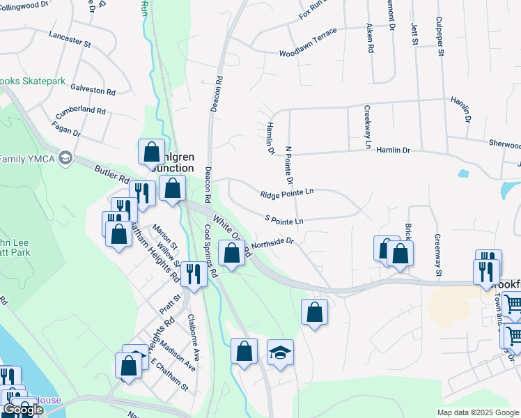 map of restaurants, bars, coffee shops, grocery stores, and more near 15 South Pointe Lane in Fredericksburg
