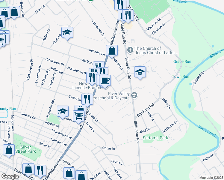 map of restaurants, bars, coffee shops, grocery stores, and more near 1667 Roselawn Avenue in New Albany
