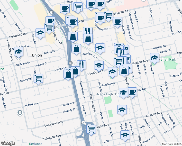 map of restaurants, bars, coffee shops, grocery stores, and more near 1680 Pueblo Avenue in Napa