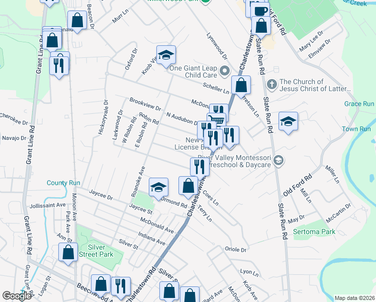 map of restaurants, bars, coffee shops, grocery stores, and more near 1726 Genung Drive in New Albany
