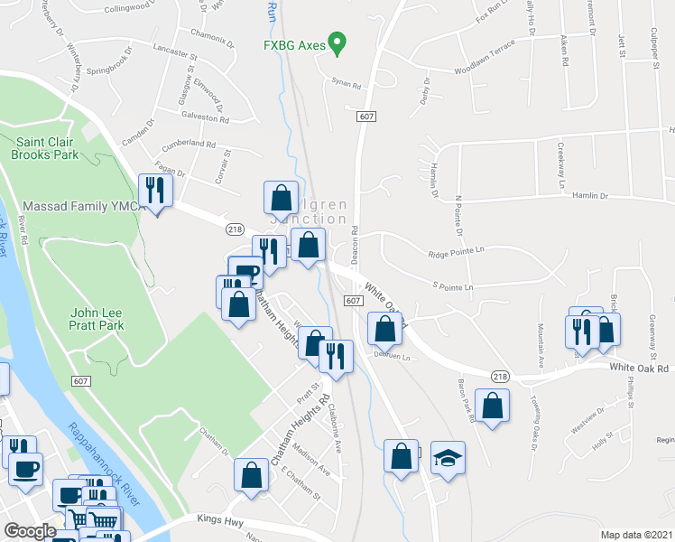 map of restaurants, bars, coffee shops, grocery stores, and more near White Oak Road in Fredericksburg