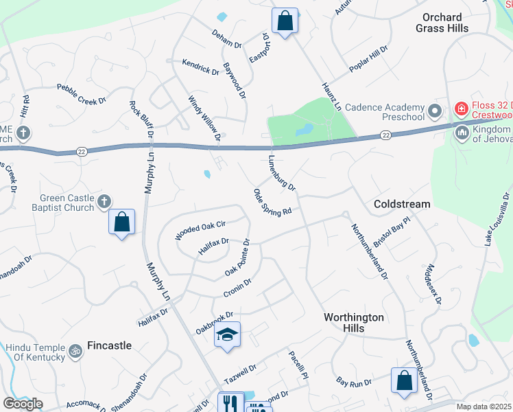map of restaurants, bars, coffee shops, grocery stores, and more near 11820 Olde Spring Road in Louisville