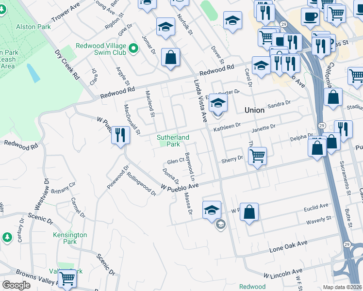 map of restaurants, bars, coffee shops, grocery stores, and more near 3915 Rohlffs Way in Napa