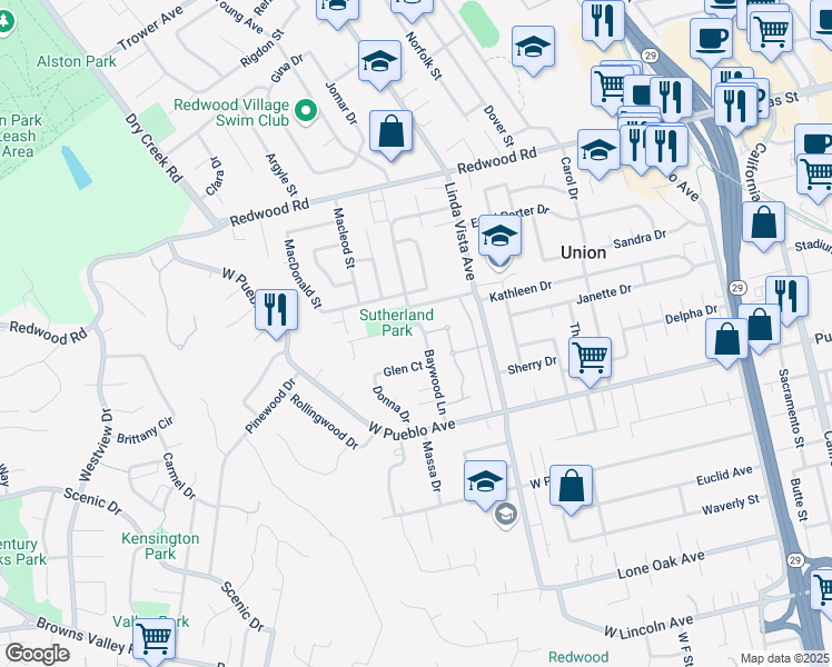 map of restaurants, bars, coffee shops, grocery stores, and more near 3915 Rohlffs Way in Napa