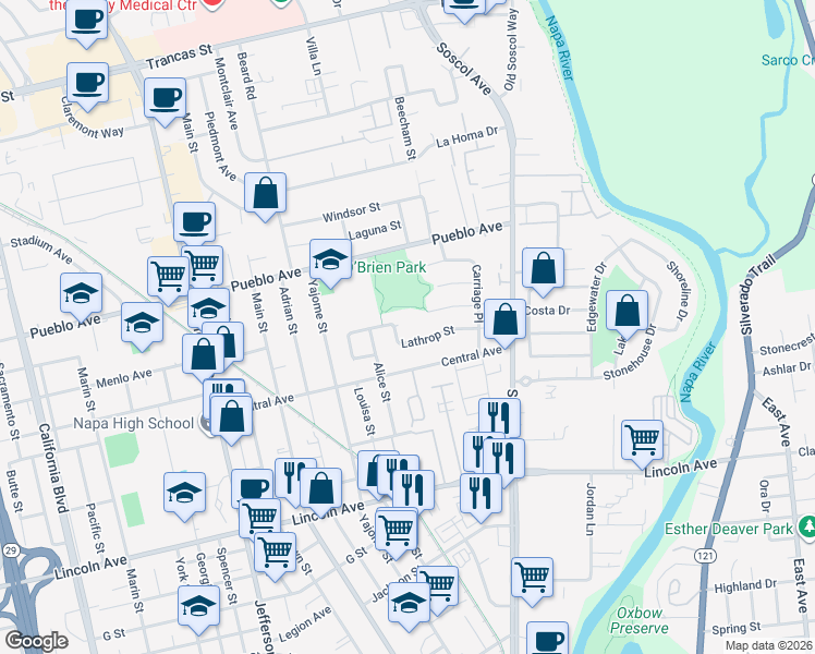 map of restaurants, bars, coffee shops, grocery stores, and more near 762 Lathrop Street in Napa