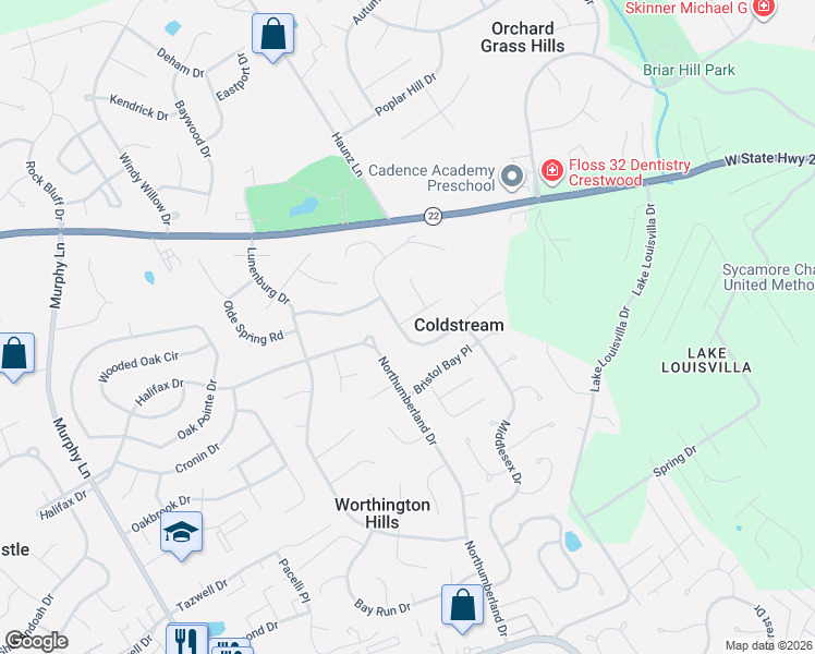 map of restaurants, bars, coffee shops, grocery stores, and more near 4955 Winding Spring Circle in Louisville