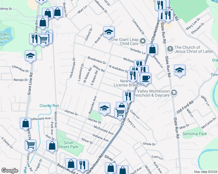 map of restaurants, bars, coffee shops, grocery stores, and more near 1743 Genung Drive in New Albany
