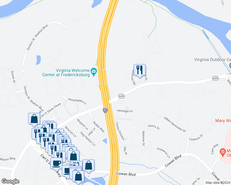 map of restaurants, bars, coffee shops, grocery stores, and more near 115 Hughey Court in Fredericksburg