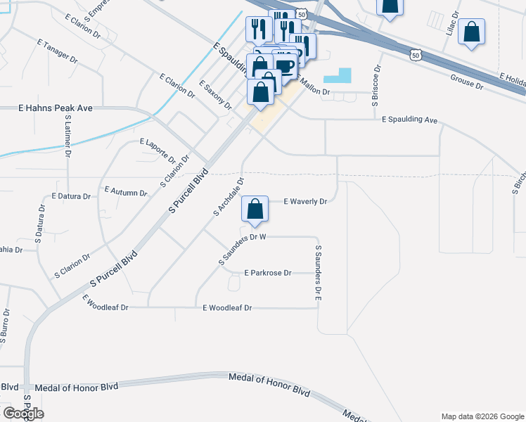 map of restaurants, bars, coffee shops, grocery stores, and more near 872 East Waverly Drive in Pueblo West
