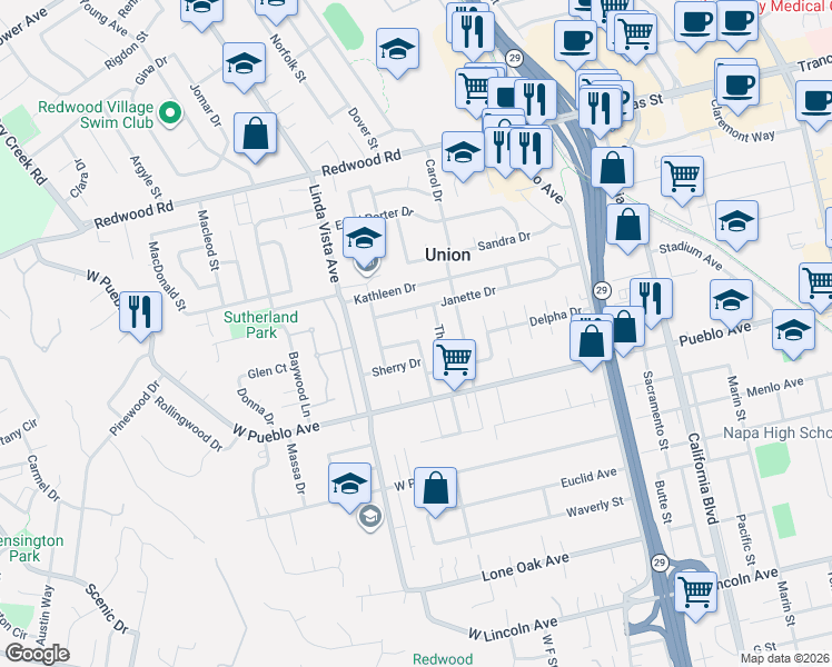 map of restaurants, bars, coffee shops, grocery stores, and more near 2288 Alberta Drive in Napa