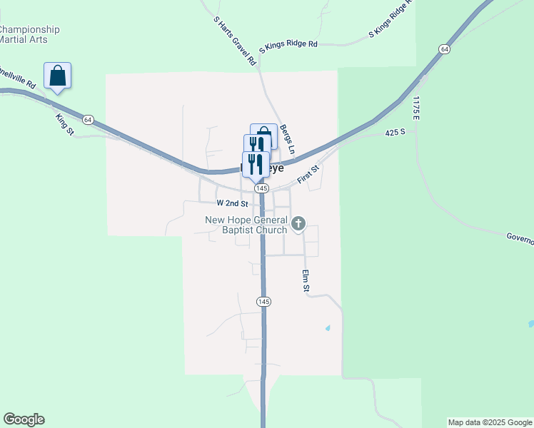 map of restaurants, bars, coffee shops, grocery stores, and more near 201 Indiana 145 in Birdseye