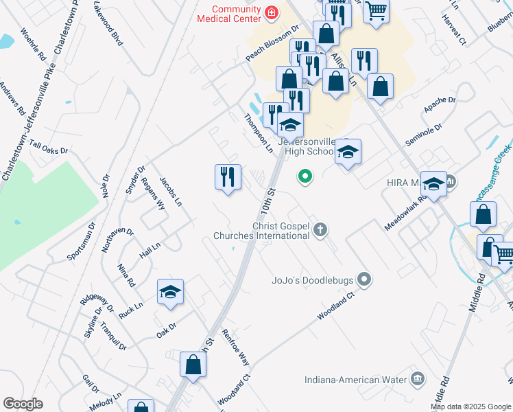 map of restaurants, bars, coffee shops, grocery stores, and more near 2344 Ashley Drive in Jeffersonville