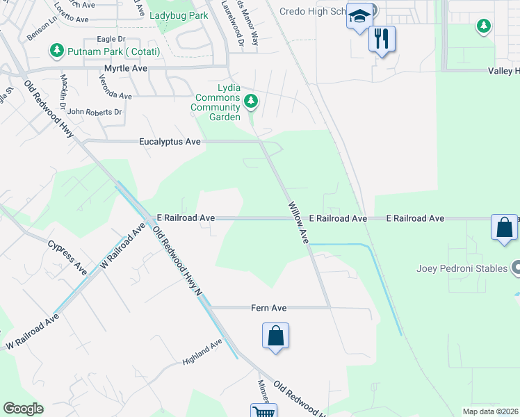 map of restaurants, bars, coffee shops, grocery stores, and more near 365 East Railroad Avenue in Cotati