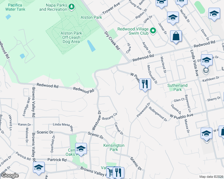 map of restaurants, bars, coffee shops, grocery stores, and more near 25 Lynn Drive in Napa