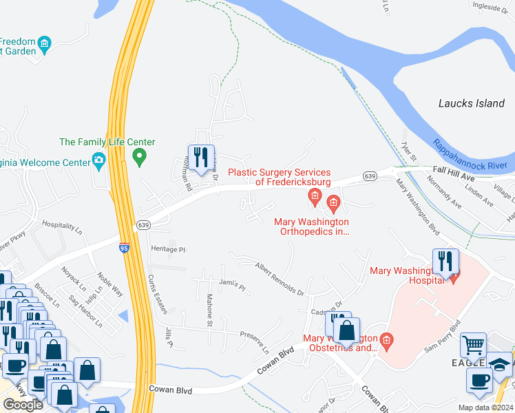 map of restaurants, bars, coffee shops, grocery stores, and more near 100 Crestview Way in Fredericksburg