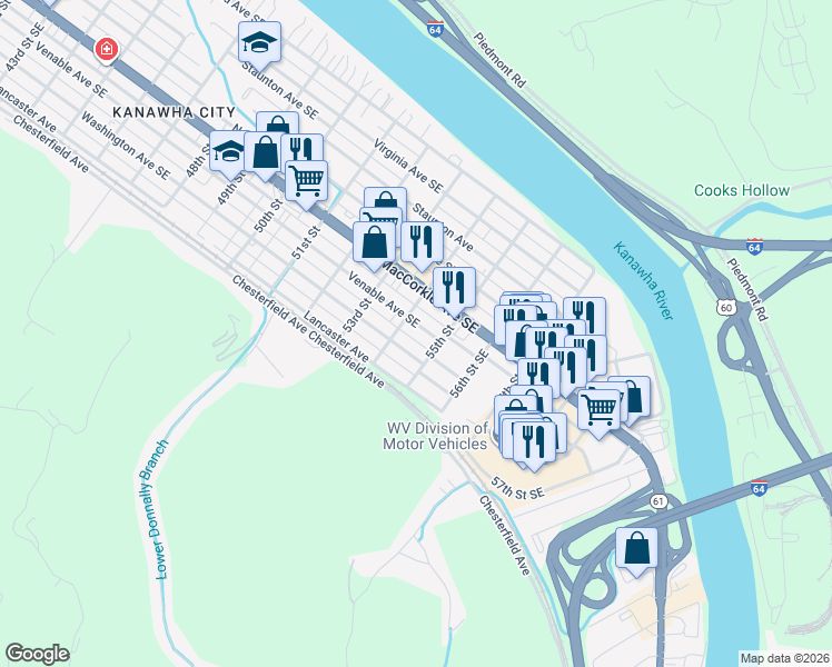 map of restaurants, bars, coffee shops, grocery stores, and more near 5410 Washington Avenue Southeast in Charleston