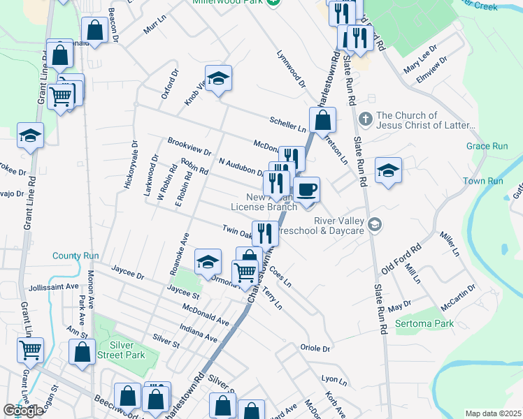 map of restaurants, bars, coffee shops, grocery stores, and more near 1712 Genung Drive in New Albany