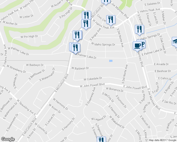 map of restaurants, bars, coffee shops, grocery stores, and more near 164 West Baldwyn Drive in Pueblo West