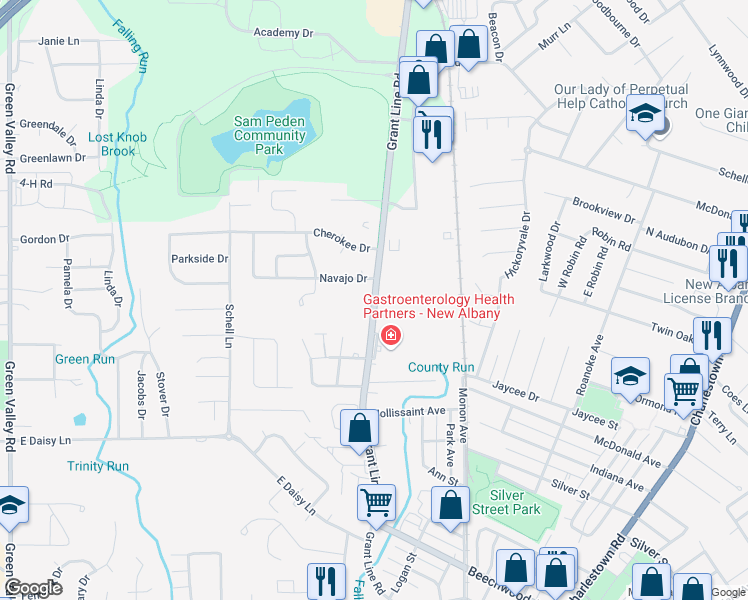 map of restaurants, bars, coffee shops, grocery stores, and more near 2809 Grant Line Road in New Albany