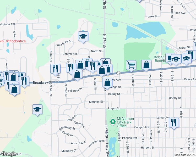 map of restaurants, bars, coffee shops, grocery stores, and more near 2711 Broadway Street in Mount Vernon