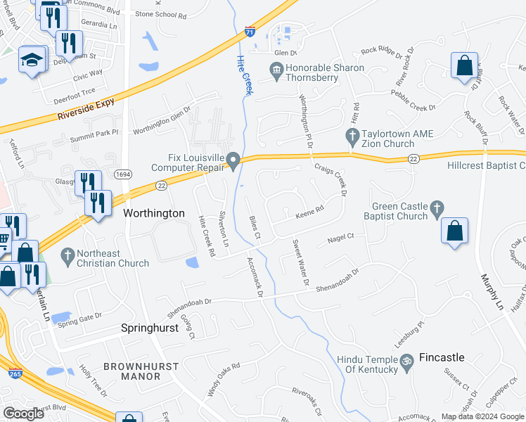 map of restaurants, bars, coffee shops, grocery stores, and more near 5137 Craigs Creek Drive in Louisville