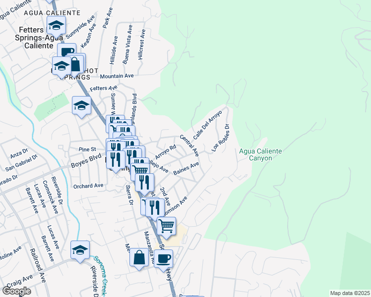 map of restaurants, bars, coffee shops, grocery stores, and more near 893 Arroyo Road in Sonoma