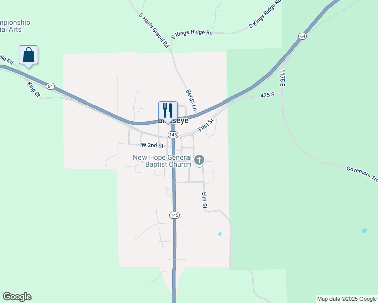 map of restaurants, bars, coffee shops, grocery stores, and more near 201 Indiana 145 in Birdseye