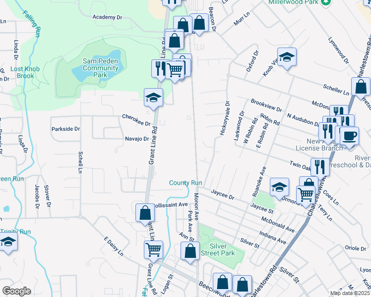 map of restaurants, bars, coffee shops, grocery stores, and more near 2634 Grant Line Road in New Albany