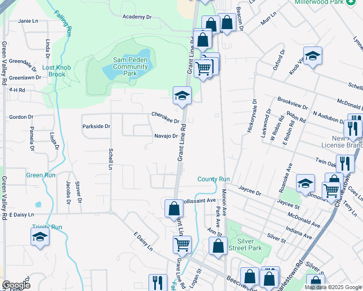 map of restaurants, bars, coffee shops, grocery stores, and more near 2809 Grant Line Road in New Albany