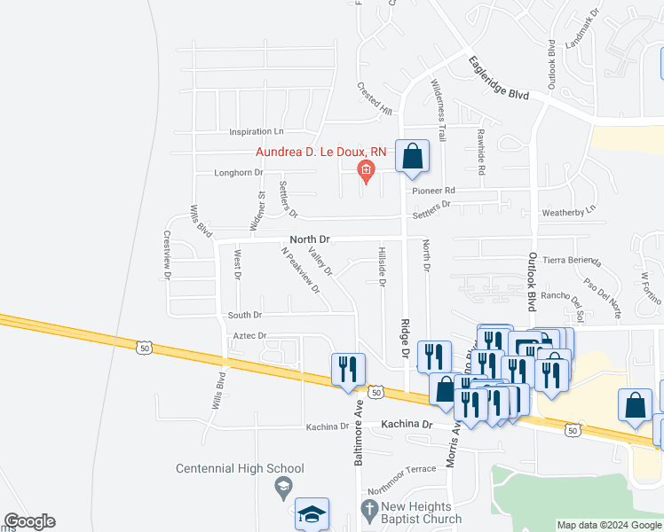 map of restaurants, bars, coffee shops, grocery stores, and more near 4044 Valley Drive in Pueblo