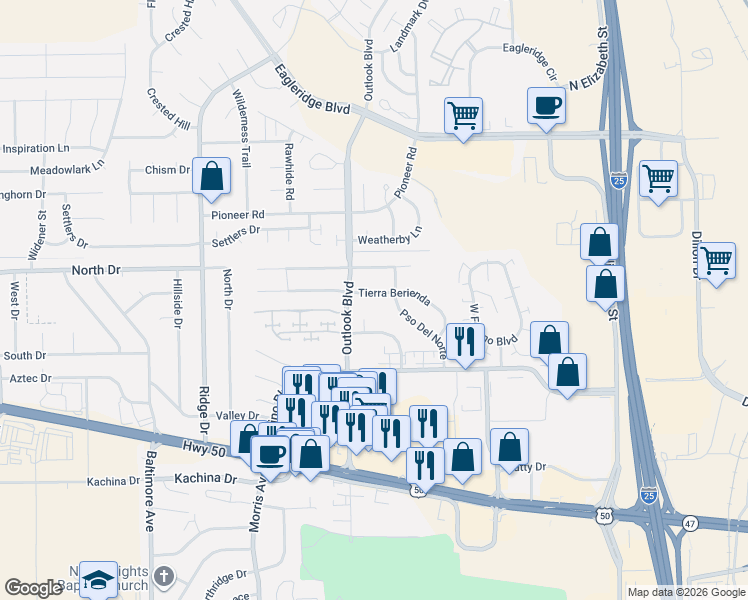 map of restaurants, bars, coffee shops, grocery stores, and more near 29 Calle Del Sol in Pueblo