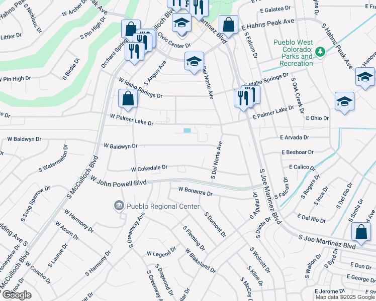 map of restaurants, bars, coffee shops, grocery stores, and more near 41 W Cokedale Dr in Pueblo