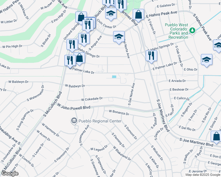 map of restaurants, bars, coffee shops, grocery stores, and more near 95 West Cokedale Drive in Pueblo West