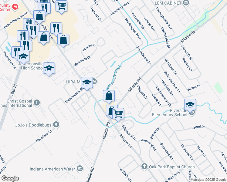 map of restaurants, bars, coffee shops, grocery stores, and more near 1800 Allison Lane in Jeffersonville