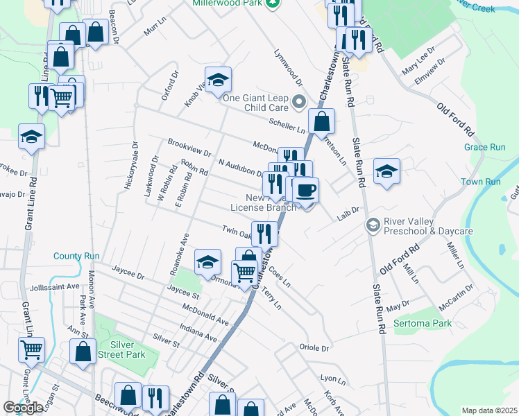 map of restaurants, bars, coffee shops, grocery stores, and more near 1712 Genung Drive in New Albany