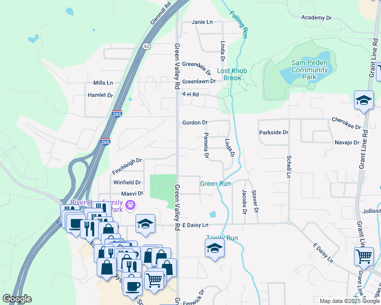 map of restaurants, bars, coffee shops, grocery stores, and more near 2510 Green Valley Road in New Albany