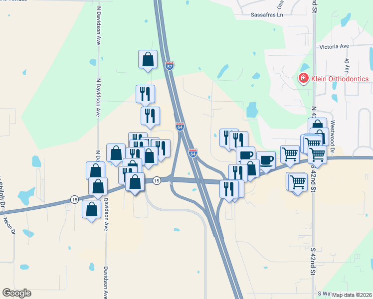 map of restaurants, bars, coffee shops, grocery stores, and more near Interstate 57 in Mount Vernon
