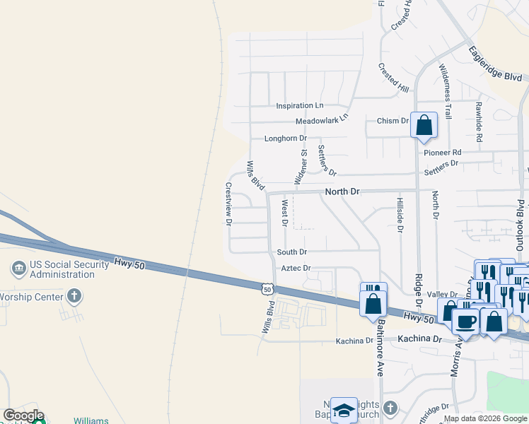 map of restaurants, bars, coffee shops, grocery stores, and more near 2305-2307 Newcastle Drive in Pueblo