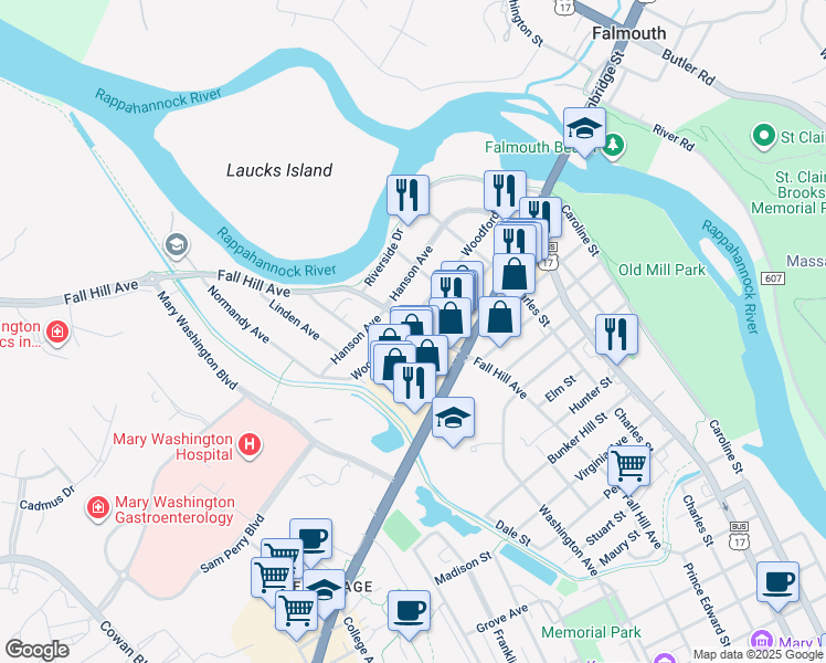 map of restaurants, bars, coffee shops, grocery stores, and more near 2804 Fall Hill Avenue in Fredericksburg