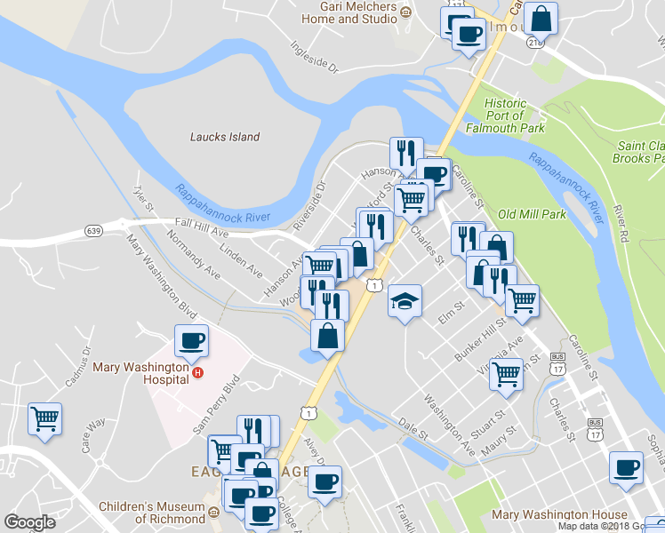 map of restaurants, bars, coffee shops, grocery stores, and more near 2804 Fall Hill Avenue in Fredericksburg