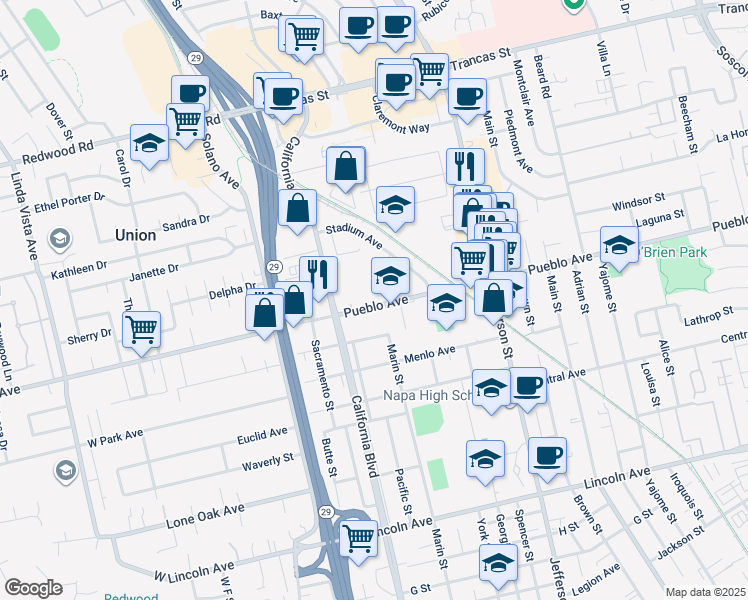 map of restaurants, bars, coffee shops, grocery stores, and more near 1632 Pueblo Avenue in Napa