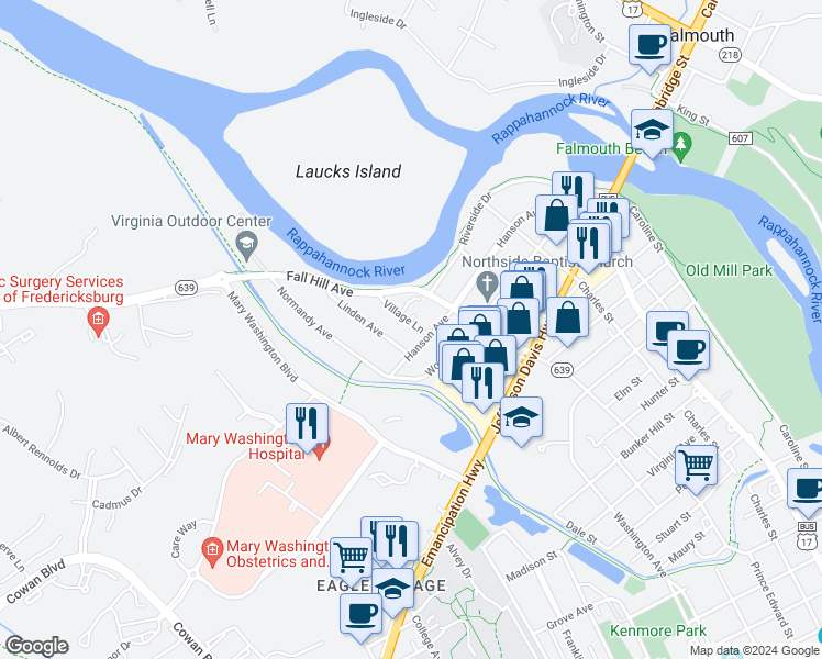 map of restaurants, bars, coffee shops, grocery stores, and more near 3006 Village Lane in Fredericksburg