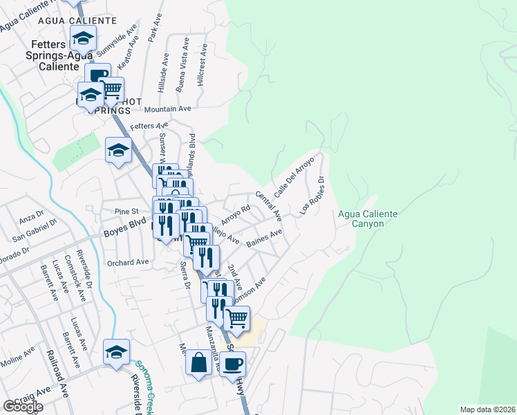 map of restaurants, bars, coffee shops, grocery stores, and more near 898 Arroyo Road in Sonoma