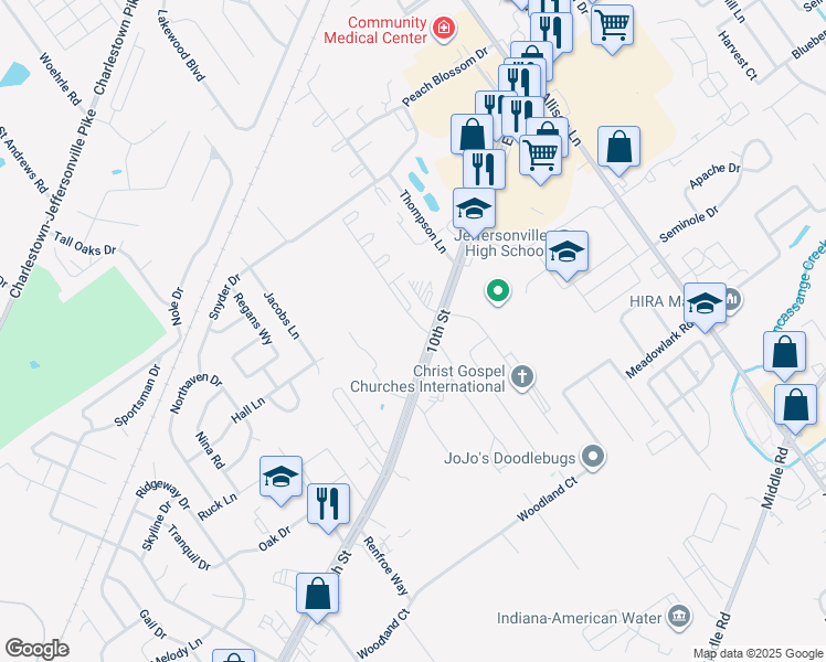 map of restaurants, bars, coffee shops, grocery stores, and more near 2344 Ashley Drive in Jeffersonville