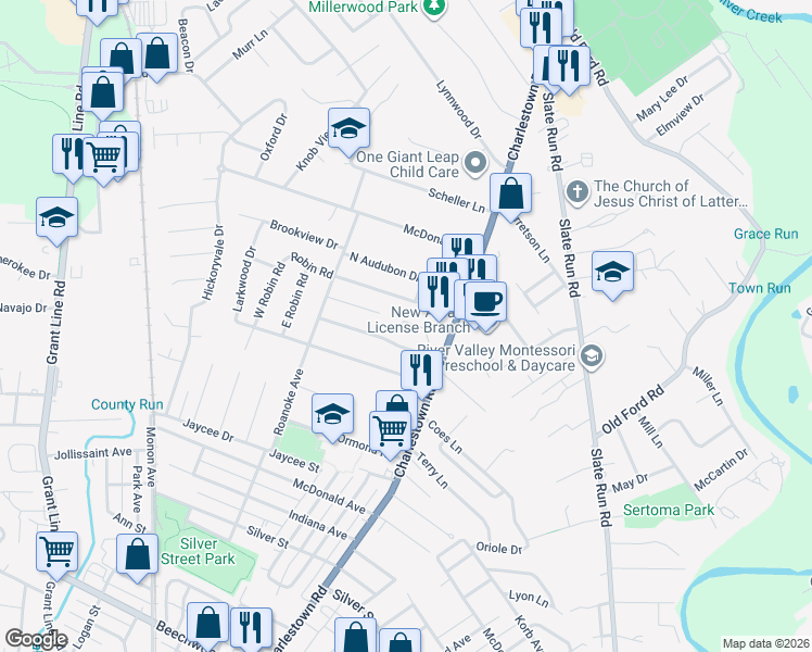 map of restaurants, bars, coffee shops, grocery stores, and more near 1726 Genung Drive in New Albany