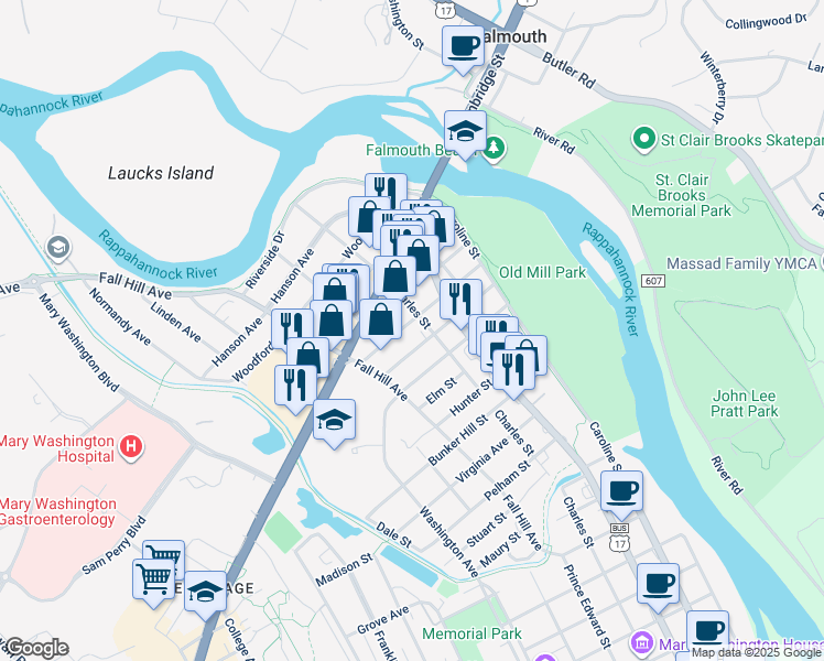 map of restaurants, bars, coffee shops, grocery stores, and more near 408 Bridgewater Street in Fredericksburg